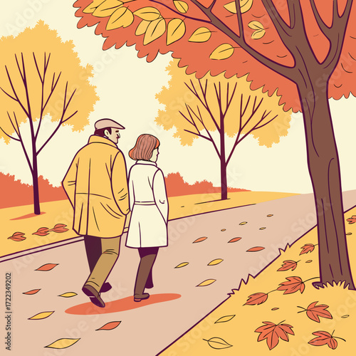 Couple walking on an autumn street — fallen leaves on the ground, trees in shades of gold and orange, people in light jackets.