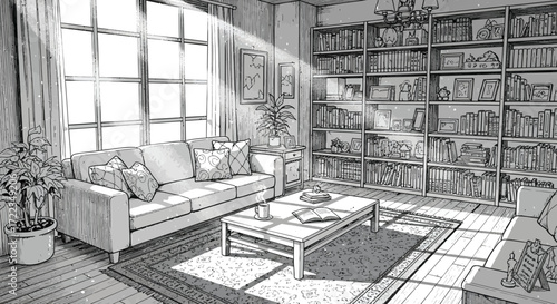 Serene Reading Room: A tranquil reading room bathed in natural light, with a cozy sofa, a library wall filled with books, inviting one to immerse in the world of literature.