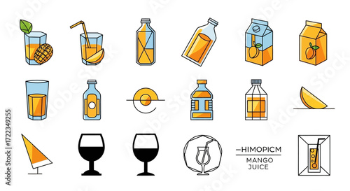 A collection of vibrant mango juice icons, showcasing various packaging and serving styles.