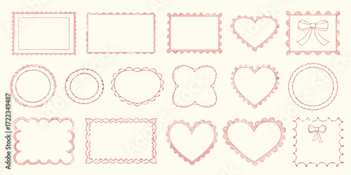 Collection of hand drawn decorative pink borders and frames with scalloped edges and hearts