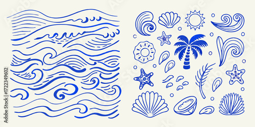 Collection of hand drawn blue ocean waves and tropical beach elements on a cream background