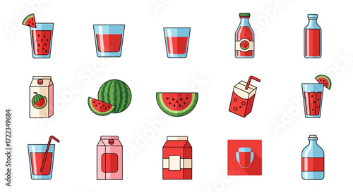 A collection of colorful cartoon icons depicting watermelon fruit, slices, and various juice containers.