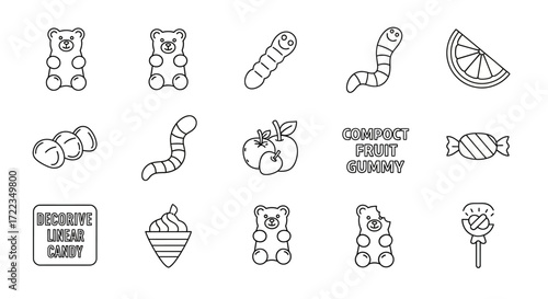 A collection of outline icons featuring various gummy candies like bears, worms, fruit, and other sweet treats.