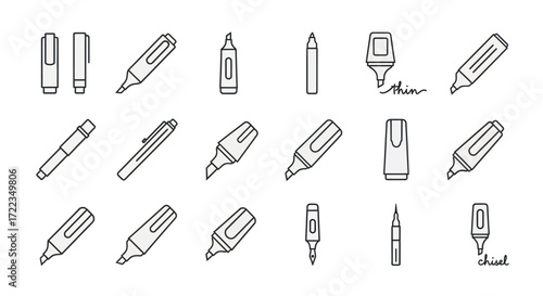 A comprehensive set of minimalist line art icons illustrating various writing instruments, including pens, markers, highlighters, and a pencil, presented on ...
