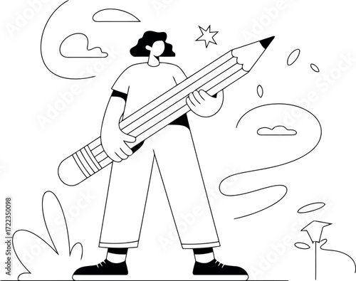 A person confidently stands holding a large pencil, signifying creativity and the act of bringing ideas to life. 