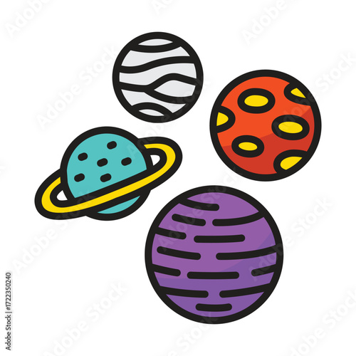 Cartoon planets with rings and surface details