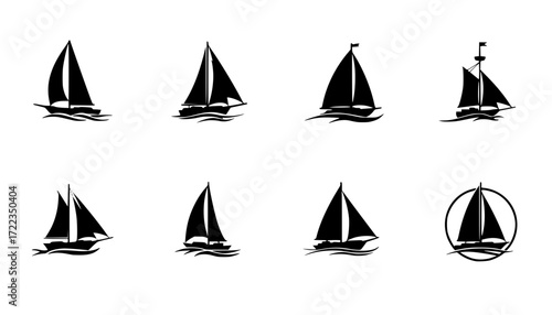 Sail boat logo silhouette vector design, sail boat logo icon silhouette, sailboat sailing ship logo vector illustration, sailboat and sailing ship vector silhouette logo design on white background	