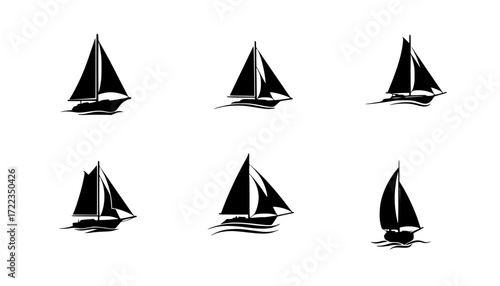 Sail boat logo silhouette vector design, sail boat logo icon silhouette, sailboat sailing ship logo vector illustration, sailboat and sailing ship vector silhouette logo design on white background	