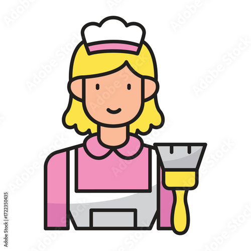 Cartoon person in pink uniform and apron holding paintbrush