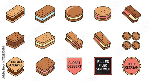 Simple line art icons depicting various ice cream cones, scoops, and desserts, including one location pin.