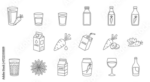 A collection of simple line art illustrations depicting various beverages, juice boxes, bottles, cans, and fresh carrots, suggesting healthy drinks and ingredients.