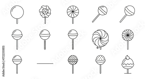 Collection of line art lollipop designs, various shapes and styles.