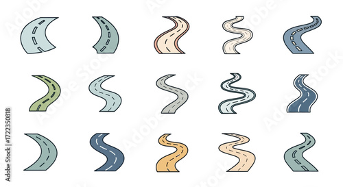 Collection of diverse winding road icons, various colors and styles.