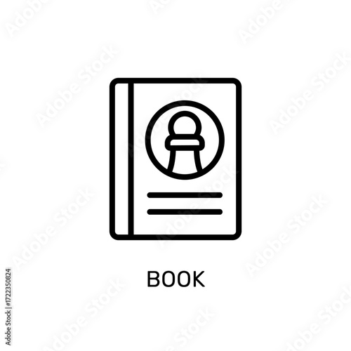 Book icon with a chess piece symbol on the cover, simple outline design with the word "BOOK" below