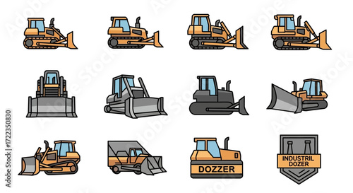 A collection of twelve distinct cartoon illustrations of yellow and gray bulldozers, showcasing various angles and designs of these powerful construction vehicles.