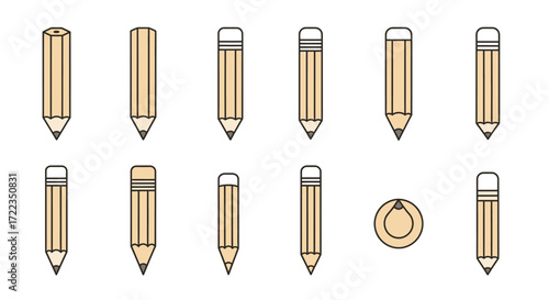 A collection of illustrated wooden pencils in various shapes, sizes, and styles, including a top-down view.