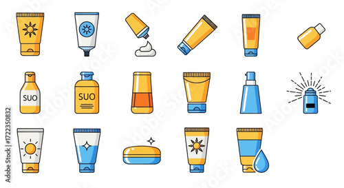 A colorful icon set of sun care products in various containers like tubes, bottles, and sticks.
