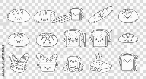 A set of cute cartoon bread characters, including toast, loaves, and baguettes, drawn in a simple black and white line art style.