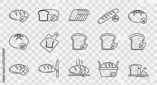 A collection of simple line art icons representing various types of bread, many indicating gluten-free options with a leaf symbol, suitable for food-related design projects.
