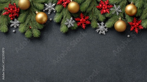 Elegant Christmas Decor with Gold Ornaments, Red Snowflakes, and Green Pine Branches on a Dark Background for Festive Season Celebration