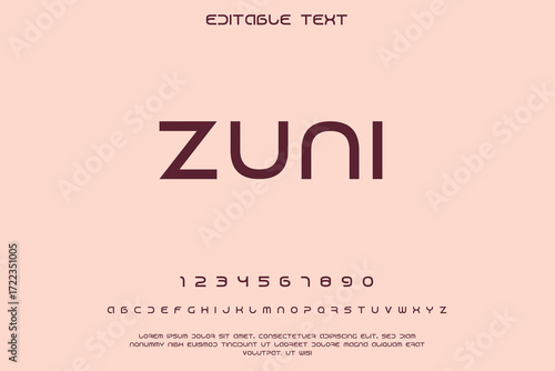 Modern minimalist font zuni with numbers and alphabet on soft pink background