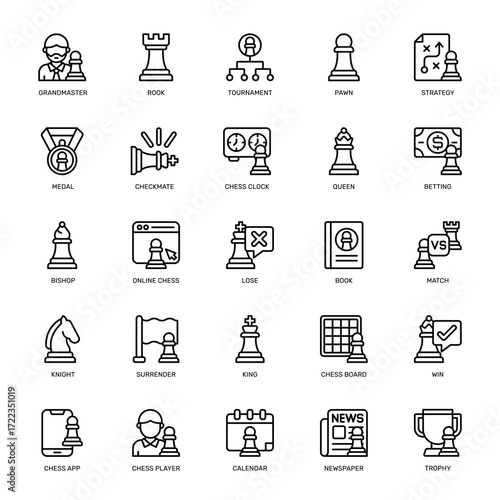 Collection of minimalist outline icons for the game of chess, featuring pieces, strategic elements, and championship symbols