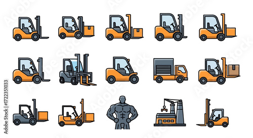 A collection of various forklift illustrations and a muscular human figure, set against a white background.