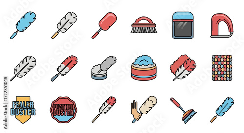 A collection of colorful cleaning tools and related icons, presented in a tidy row arrangement.