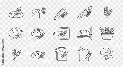 Outlined illustrations depicting various types of bread and wheat elements, arranged in a grid.
