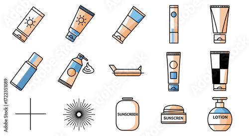 Collection of various sunscreen and lotion containers, illustrating sun protection products in a flat, vector style.