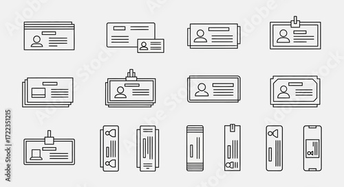 A collection of twelve different identification card and badge designs, displayed as outlined graphics on a light background.
