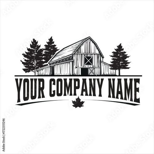 Vector art of rustic barn with pine trees and company name logo