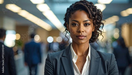 Confident woman looks ahead.