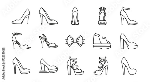 A collection of women's high-heel shoe icons in a black and white line art style, showing various designs like pumps, sandals, and platforms.