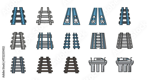 Collection of diverse railway track icons, illustrating various angles and bridge sections.