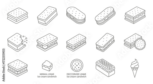 A collection of isometric line art illustrations showcasing various ice cream sandwich designs and components, including whole sandwiches, bitten portions, and individual layers.
