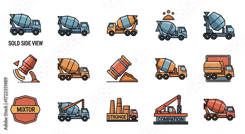 Collection of stylized cartoon illustrations depicting various concrete mixer trucks, cement mixers, and related construction equipment in different poses and settings.