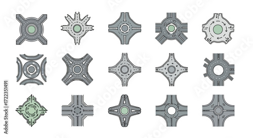 A set of fifteen vector icons showing various road junctions, roundabouts, and traffic interchanges from a top-down, aerial perspective.