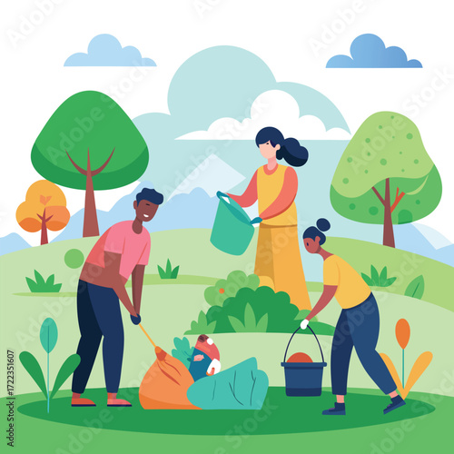 Diverse group of people cleaning and planting in a park
