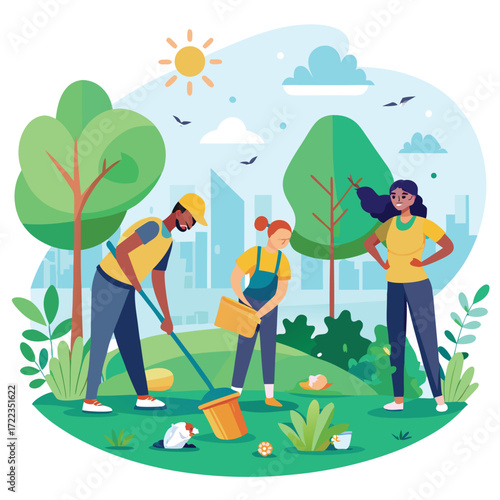 Diverse people cleaning park with city skyline background