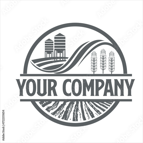 Vector art of farm logo with silos, wheat, and fields