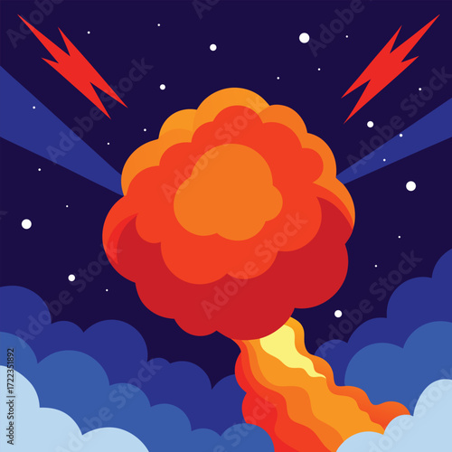 Fiery Explosion with Rays and Stars in Night Sky blast