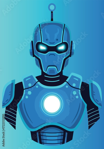 Blue Robot Head and Shoulders with Glowing Eyes and Chest Emblem.