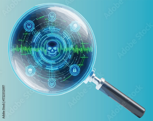 Magnifying Glass Over Digital Skull and Cyber Security Data.