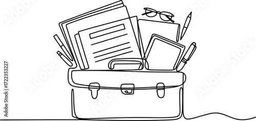 An open briefcase is overflowing with various office and school supplies, including books, papers, pens, and glasses. 