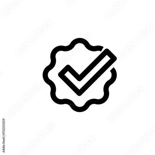 Verified seal icon with a checkmark symbol representing approval and certification. Simple line art graphic for quality assurance and successful validation