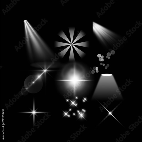 Elegant light effects set against a stark black backdrop flares, spotlights, and starbursts to enhance visual impact