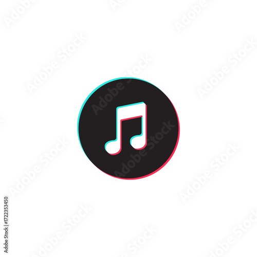 Modern musical note icon with a trendy glitch anaglyph effect, representing social media, audio, and video streaming applications