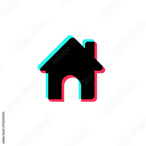 Modern house icon with a digital glitch and chromatic aberration effect. This home symbol with red and cyan outlines is perfect for a trendy user interface