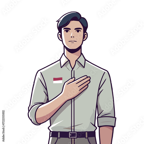 Man with hands on chest symbolizes pride in Indonesia in a white background